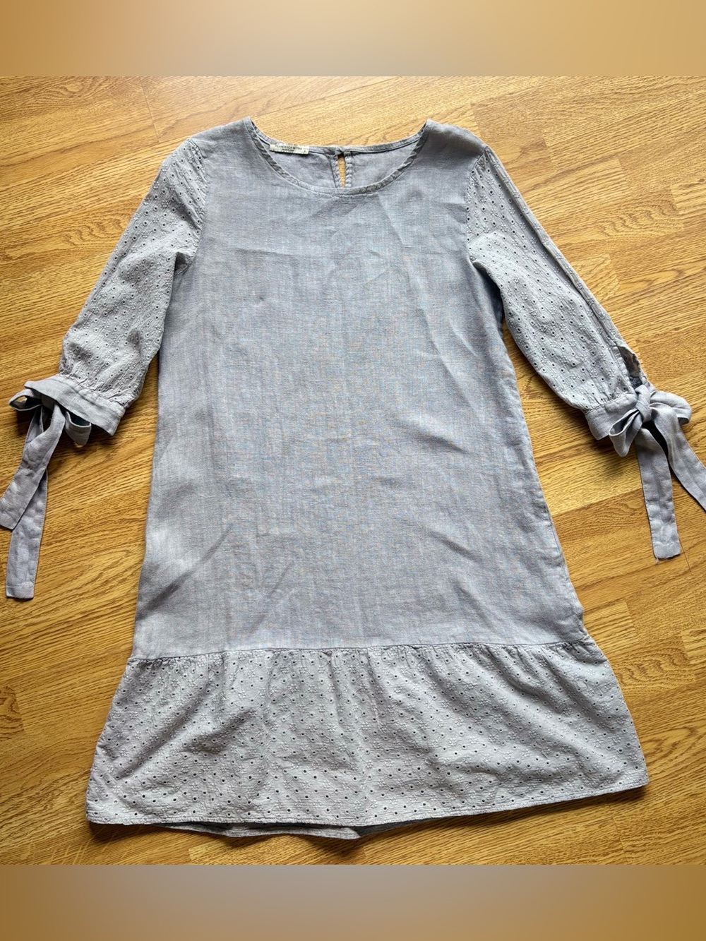 Francesca Bettini Gray Tie-Sleeve Eyelet Hem Lined Linen Dress Italy Sz S